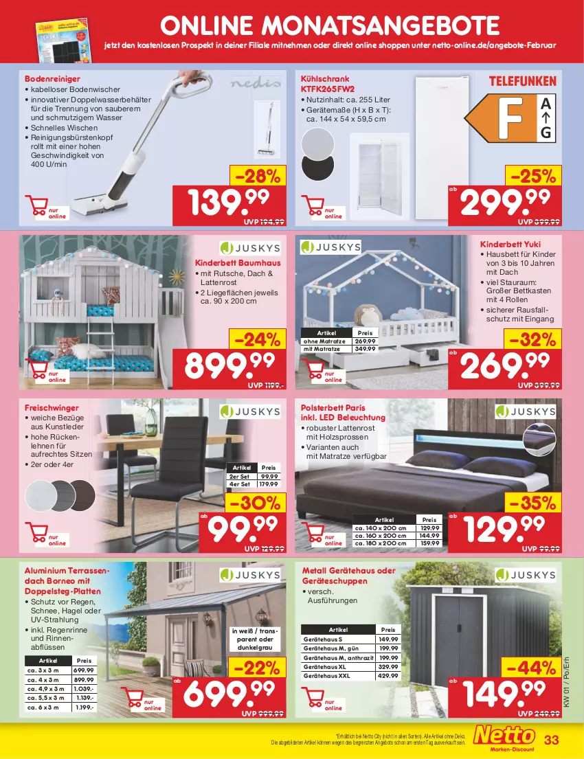 Aktueller Prospekt Netto Marken-Discount - Filial-Angebote - von 02.01 bis 07.01.2023 - strona 33 - produkty: angebot, angebote, Bau, Behälter, beleuchtung, bett, bettkasten, bodenwischer, bürste, bürsten, eis, elle, Freischwinger, Holz, K2, Kinder, Kinderbett, kühlschrank, latte, lattenrost, LG, Liege, matratze, ohne matratze, polsterbett, reiniger, Reinigung, reinigungsbürste, reis, Ria, rückenlehne, Schrank, Ti, usb, wasser, ZTE