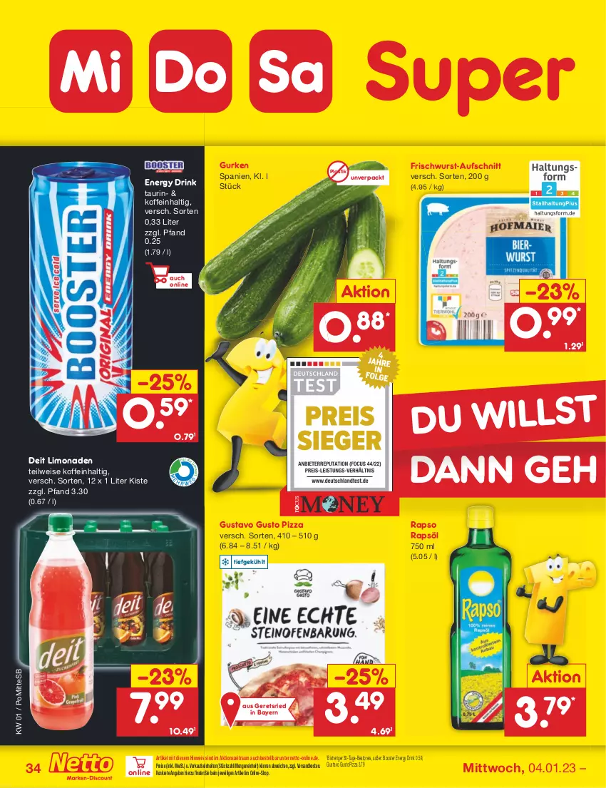 Aktueller Prospekt Netto Marken-Discount - Filial-Angebote - von 02.01 bis 07.01.2023 - strona 34 - produkty: asti, aufschnitt, bestpreis, deit, drink, eis, energy drink, frischwurst-aufschnitt, gurke, gurken, limo, limonade, limonaden, ndk, pizza, rapso, rapsöl, reis, Ti, wurst