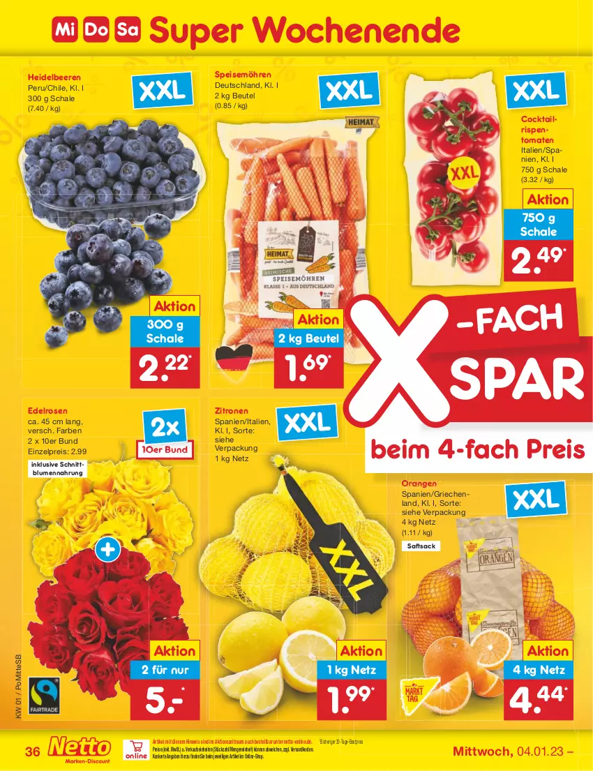 Aktueller Prospekt Netto Marken-Discount - Filial-Angebote - von 02.01 bis 07.01.2023 - strona 36 - produkty: beere, beeren, bestpreis, beutel, blume, blumen, cocktail, eis, heidelbeere, heidelbeeren, möhren, ndk, orange, orangen, reis, rispentomaten, rosen, sac, saft, Schal, Schale, speisemöhren, Ti, tomate, tomaten, zitrone, zitronen