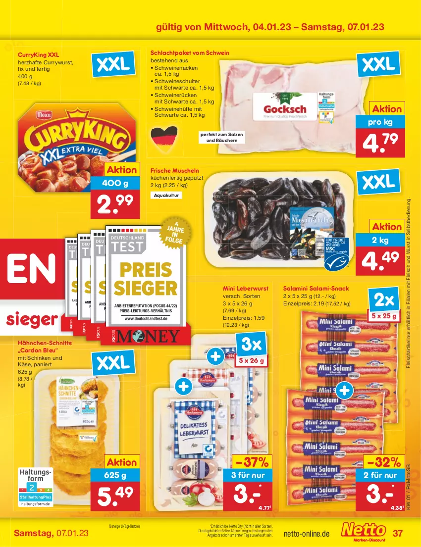 Aktueller Prospekt Netto Marken-Discount - Filial-Angebote - von 02.01 bis 07.01.2023 - strona 37 - produkty: angebot, aqua, bestpreis, cordon bleu, curry, currywurst, eis, fleisch, Käse, küche, Küchen, leberwurst, Muscheln, reis, salami, salz, schinken, schwein, schweine, schweinenacken, schweinerücken, snack, Ti, wein, weine, wurst, wurst in selbstbedienung, ZTE