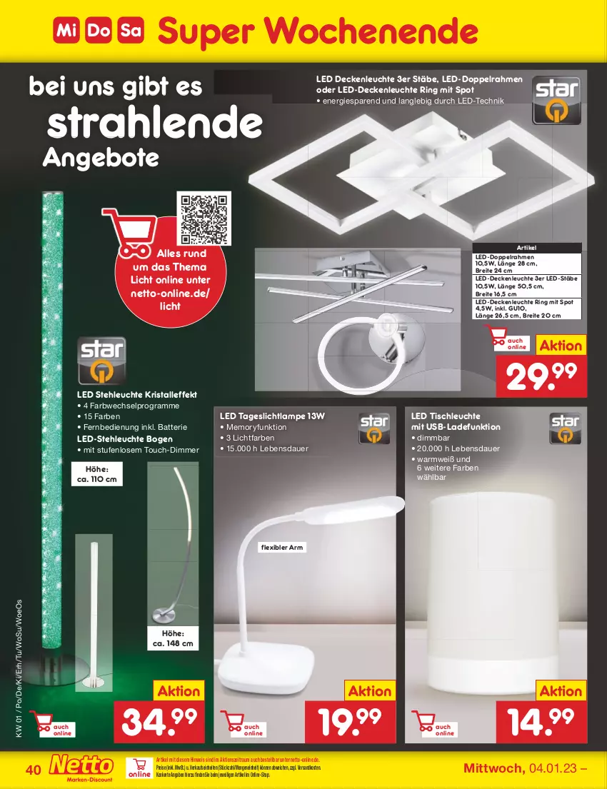 Aktueller Prospekt Netto Marken-Discount - Filial-Angebote - von 02.01 bis 07.01.2023 - strona 40 - produkty: angebot, angebote, auer, batterie, Brei, decke, deckenleuchte, dimmer, eis, fernbedienung, Lampe, LED Deckenleuchte, LED Tischleuchte, led-deckenleuchte, led-stehleuchte, Leuchte, ndk, reis, ring, stehleuchte, Tageslichtlampe, Ti, tisch, tischleuchte, usb