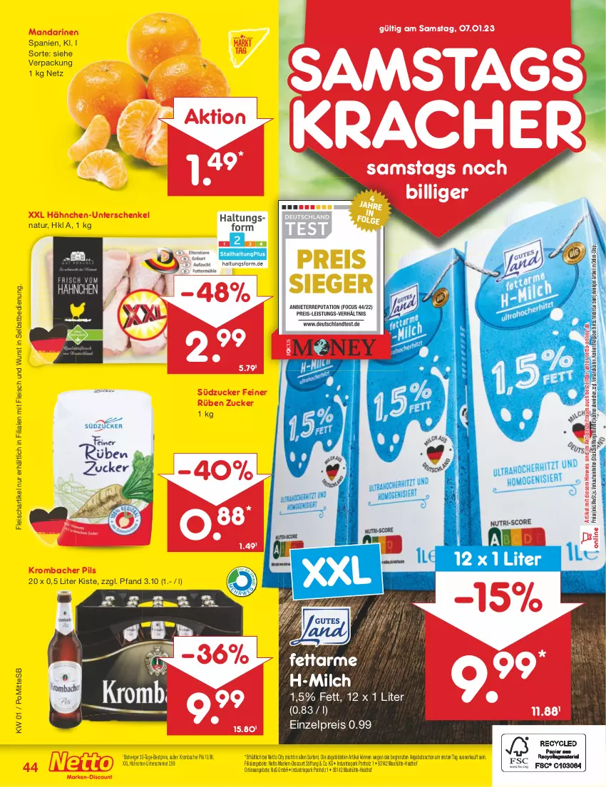 Aktueller Prospekt Netto Marken-Discount - Filial-Angebote - von 02.01 bis 07.01.2023 - strona 44 - produkty: angebot, angebote, bestpreis, discount, eis, fleisch, henkel, Holz, kracher, krombache, krombacher, krombacher pils, mandarine, mandarinen, marken-discount, milch, natur, ndk, pils, reis, schenkel, südzucker, Ti, wurst, wurst in selbstbedienung, ZTE, zucker