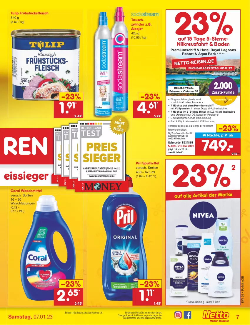 Aktueller Prospekt Netto Marken-Discount - Filial-Angebote - von 02.01 bis 07.01.2023 - strona 7 - produkty: angebot, aqua, Bad, Berger, bestpreis, buch, Coral, eis, fleisch, frühstücksfleisch, pool, pril, reis, reiseveranstalter, spülmittel, Ti, tulip, uhr, waschmittel, ZTE