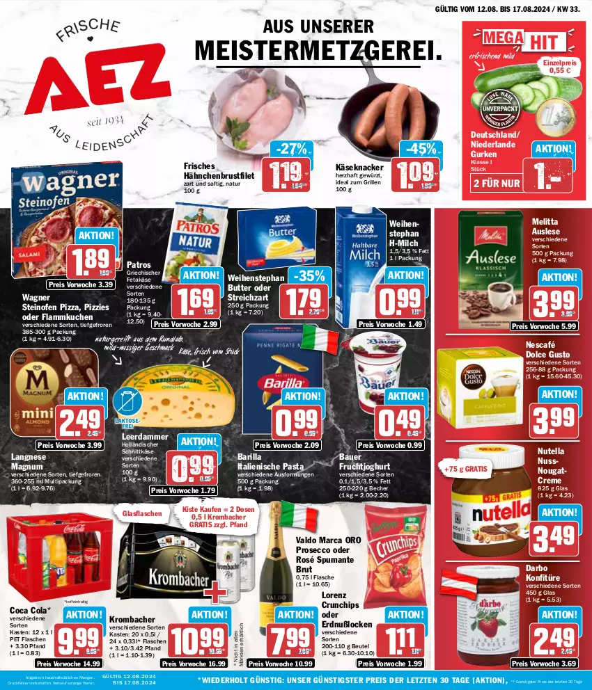 Aktueller Prospekt Aez - Prospekte - von 12.08 bis 17.08.2024 - strona 1 - produkty: auer, barilla, Bau, Bauer, Becher, beutel, brustfilet, brut, butter, chips, cola, creme, crunchips, darbo, dolce gusto, ecco, eis, feta, filet, flammkuchen, flasche, frucht, fruchtjoghurt, gewürz, glasflasche, grill, gurke, gurken, hähnchenbrust, hähnchenbrustfilet, holländischer schnittkäse, ideal zum grillen, italienische pasta, joghur, joghurt, Käse, knacker, konfitüre, krombache, krombacher, kuchen, lamm, langnese, leerdammer, lorenz, lorenz crunchips, mac, magnum, Meister, melitta, milch, natur, Nescafé, Nougatcreme, nuss, nutella, Ofen, pasta, patros, pizza, prosecco, puma, reis, saft, schnittkäse, spumante, steinofen, steinofen pizza, Streichzart, Ti, valdo, wagner, weihenstephan, ZTE