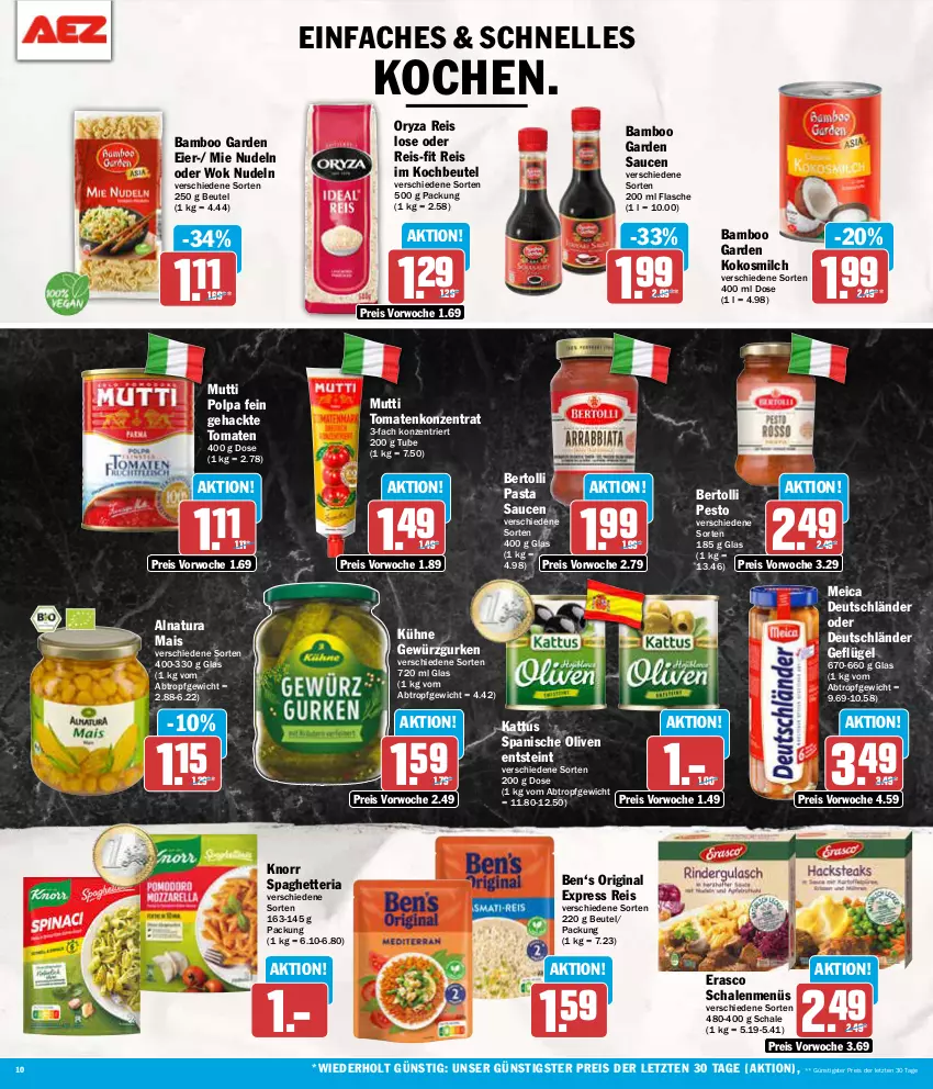 Aktueller Prospekt Aez - Prospekte - von 12.08 bis 17.08.2024 - strona 10 - produkty: bamboo, bertolli, beutel, eier, eis, elle, erasco, flasche, Geflügel, gewürz, Gewürzgurke, gewürzgurken, gin, gurke, gurken, knorr, kochbeutel, kokos, kokosmilch, Kühne, mais, meica, milch, Mutti, natur, natura, nudel, nudeln, olive, oliven, oryza, pasta, Pasta Sauce, pesto, reis, reis-fit, Ria, sauce, saucen, Schal, Schale, Ti, tomate, tomaten, wok, ZTE