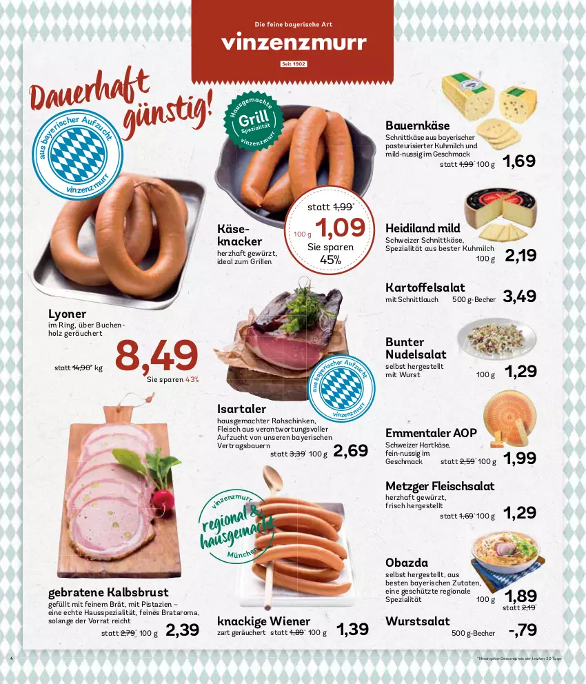 Aktueller Prospekt Aez - Prospekte - von 12.08 bis 17.08.2024 - strona 4 - produkty: auer, Bau, Bauer, Becher, braten, buch, eis, emmentaler, fleisch, fleischsalat, gewürz, grill, hartkäse, Holz, ideal zum grillen, Käse, knacker, lyoner, mac, milch, mit pistazien, nudel, nudelsalat, nuss, obazda, pistazien, reis, ring, rohschinken, salat, schinken, schnittkäse, schnittlauch, schweizer hartkäse, schweizer schnittkäse, Spezi, Ti, wiener, wurst, Yo, ZTE