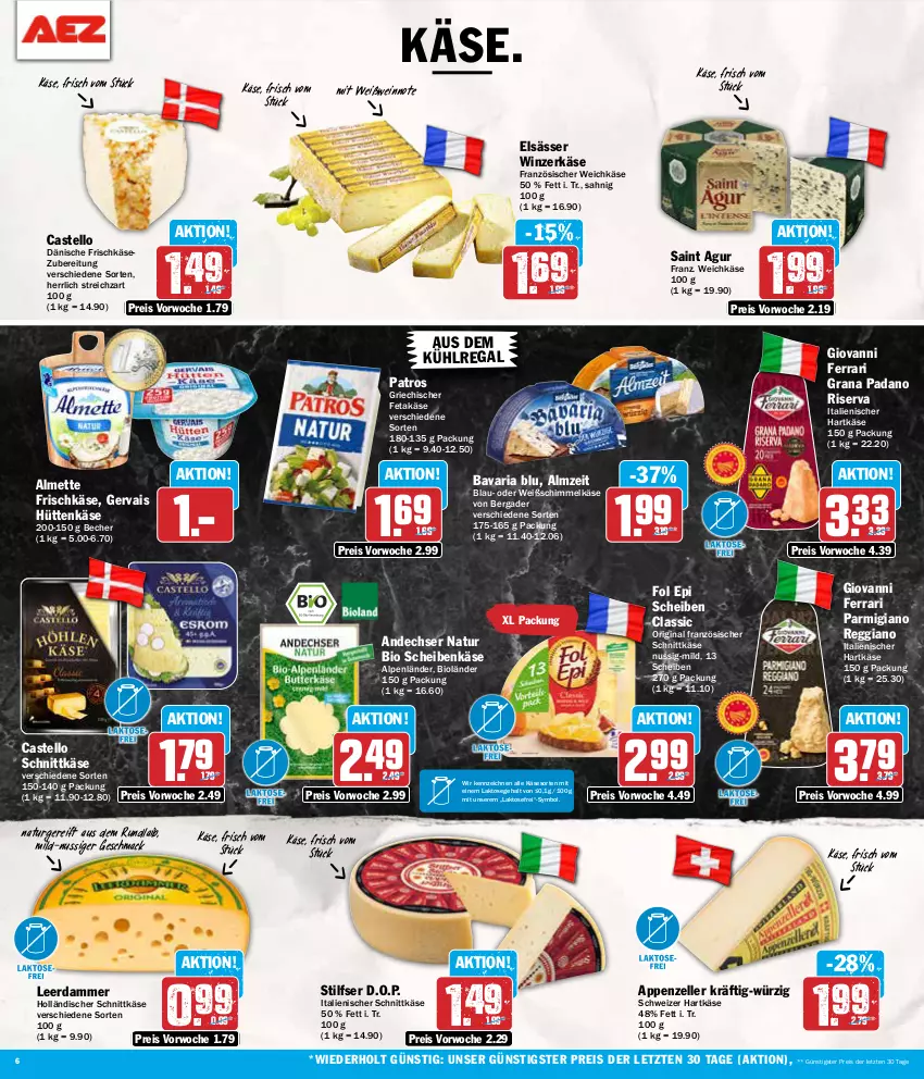 Aktueller Prospekt Aez - Prospekte - von 12.08 bis 17.08.2024 - strona 6 - produkty: almette, andechser natur, appenzeller, aus dem kühlregal, bavaria blu, Becher, bergader, bio, eis, elle, feta, fol epi, französischer weichkäse, frischkäse, frischkäsezubereitung, gervais, gin, grana, grana padano, hartkäse, holländischer schnittkäse, italienischer hartkäse, Käse, kühlregal, leerdammer, mac, Mett, natur, nuss, padano, parmigiano, parmigiano reggiano, patros, Rana, regal, reggiano, reis, Ria, riserva, Saint Agur, schnittkäse, schweizer hartkäse, Streichzart, Ti, weichkäse, wein, Weißwein, ZTE