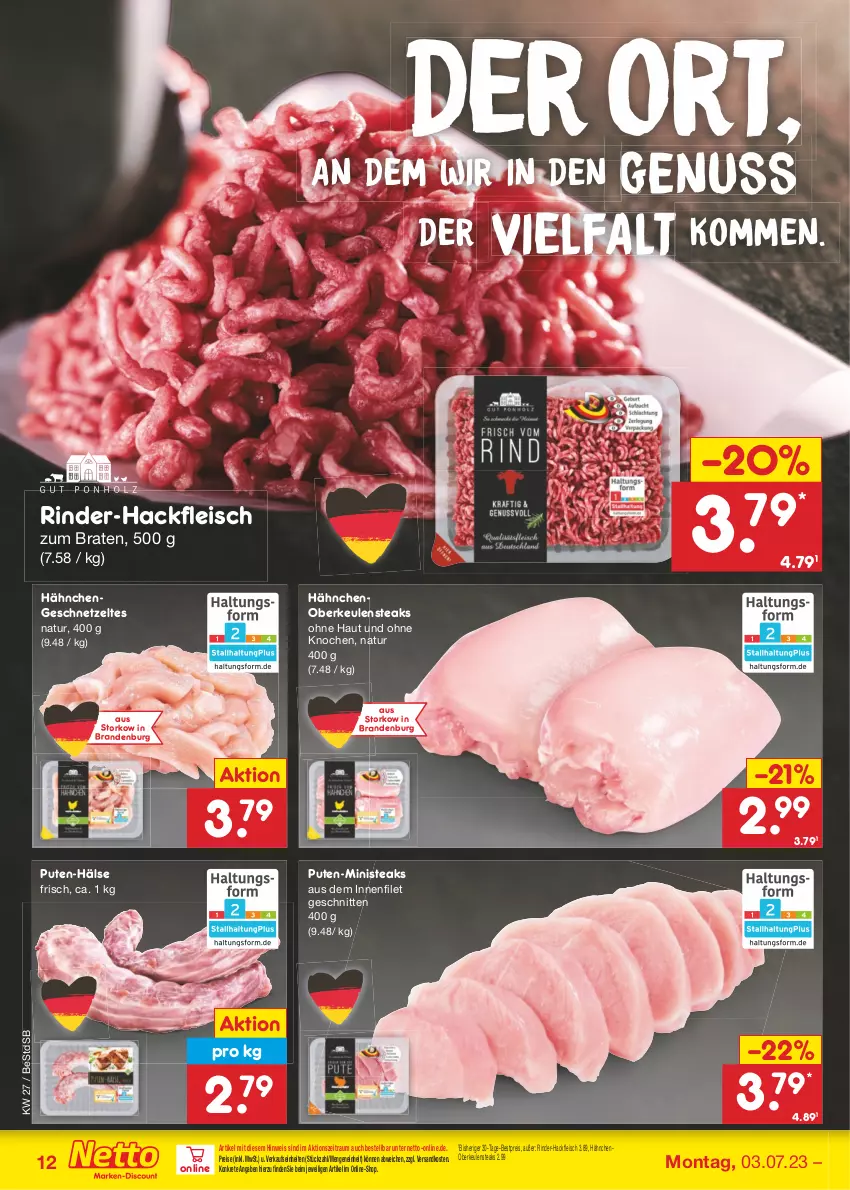 Aktueller Prospekt Netto Marken-Discount - Filial-Angebote - von 03.07 bis 08.07.2023 - strona 12 - produkty: bestpreis, braten, eis, filet, fleisch, geschnetzeltes, hackfleisch, Hähnchengeschnetzeltes, natur, ndk, nuss, pute, reis, rind, rinder, rinder-hackfleisch, schnitten, steak, steaks, Ti, Zelt