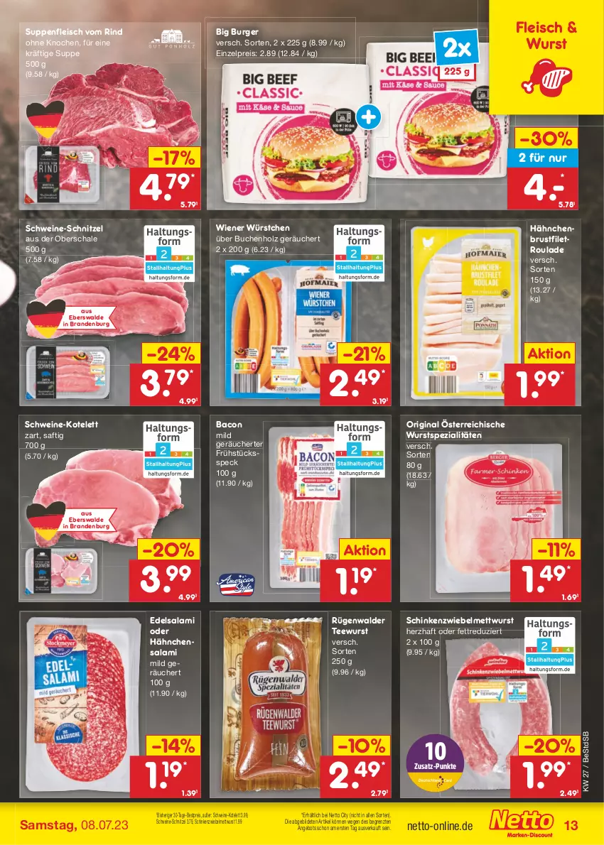 Aktueller Prospekt Netto Marken-Discount - Filial-Angebote - von 03.07 bis 08.07.2023 - strona 13 - produkty: angebot, bacon, bestpreis, brustfilet, buch, burger, Edelsalami, eis, filet, fleisch, Frühstücksspeck, gin, hähnchenbrust, hähnchenbrustfilet, Holz, kotelett, Mett, mettwurst, reis, rind, rügenwalder, saft, salami, Schal, Schale, schinken, schnitzel, schwein, schweine, schweine-schnitzel, Speck, Spezi, suppe, suppen, suppenfleisch, tee, teewurst, Ti, wein, weine, wiener, wiener würstchen, wurst, würstchen, ZTE, zwiebel, zwiebelmettwurst