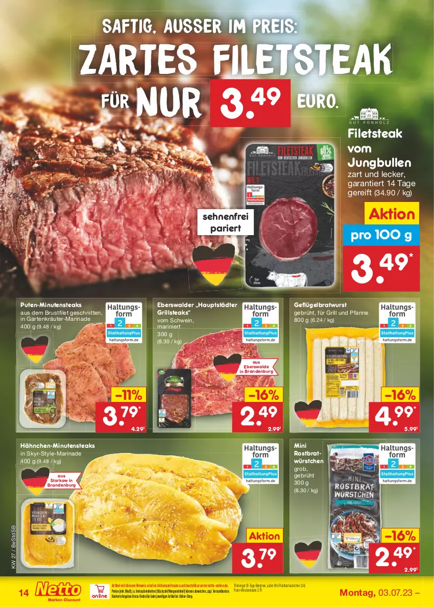 Aktueller Prospekt Netto Marken-Discount - Filial-Angebote - von 03.07 bis 08.07.2023 - strona 14 - produkty: bestpreis, bratwurst, brustfilet, eis, filet, filets, für grill und pfanne, Garten, Geflügel, grill, grill und pfanne, jungbullen, kräuter, marinade, minutensteaks, ndk, pfanne, pute, reis, saft, schnitten, schwein, Skyr, steak, steaks, Ti, und pfanne, wein, wurst, würstchen