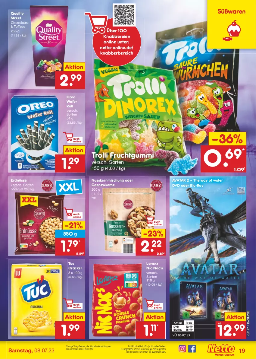 Aktueller Prospekt Netto Marken-Discount - Filial-Angebote - von 03.07 bis 08.07.2023 - strona 19 - produkty: angebot, bestpreis, blu-ray, Cashew, cashewkerne, cola, cracker, dvd, eis, erdnüsse, frucht, fruchtgummi, lorenz, nuss, oreo, reis, Ti, trolli, trolli fruchtgummi, tuc, ZTE