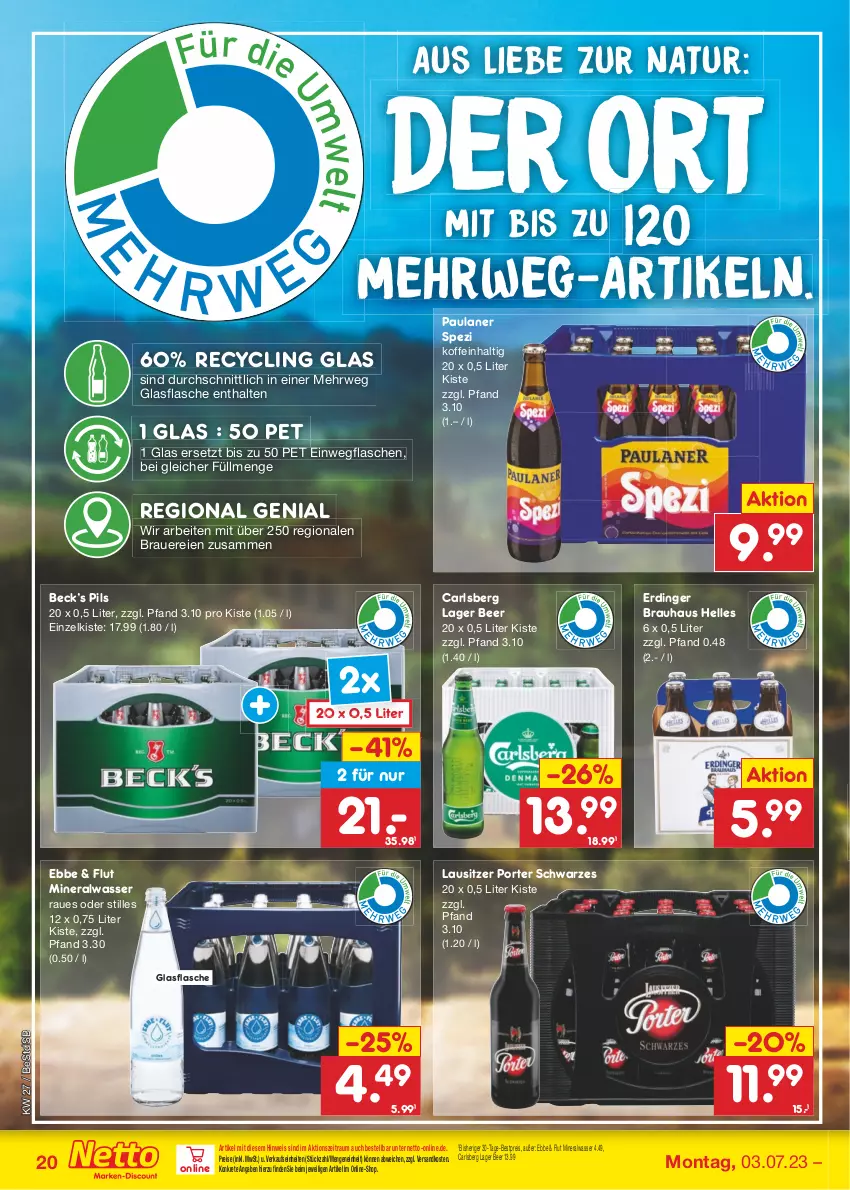 Aktueller Prospekt Netto Marken-Discount - Filial-Angebote - von 03.07 bis 08.07.2023 - strona 20 - produkty: Alwa, auer, bestpreis, carlsberg, Clin, eis, elle, erdinger, flasche, glasflasche, mineralwasser, natur, ndk, Paula, paulaner, pils, reis, rwe, Spezi, Ti, wasser