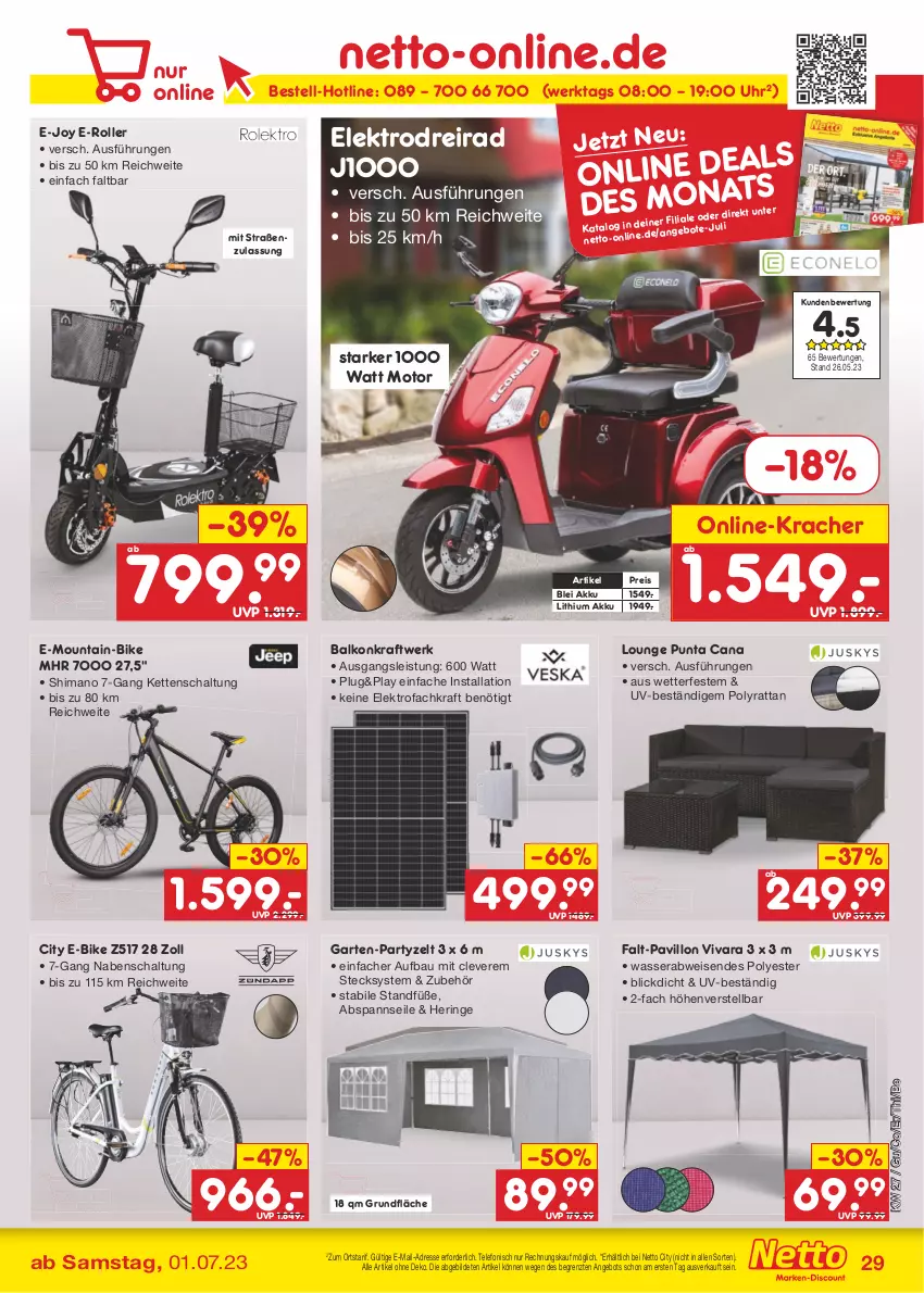 Aktueller Prospekt Netto Marken-Discount - Filial-Angebote - von 03.07 bis 08.07.2023 - strona 29 - produkty: akku, angebot, angebote, Bau, Dreirad, E-Bike, E-Roller, eis, Elektro, Garten, hering, Kette, kracher, kraft, pavillon, reis, ring, Roller, Schal, shimano, telefon, Ti, uhr, wasser, Zelt, ZTE