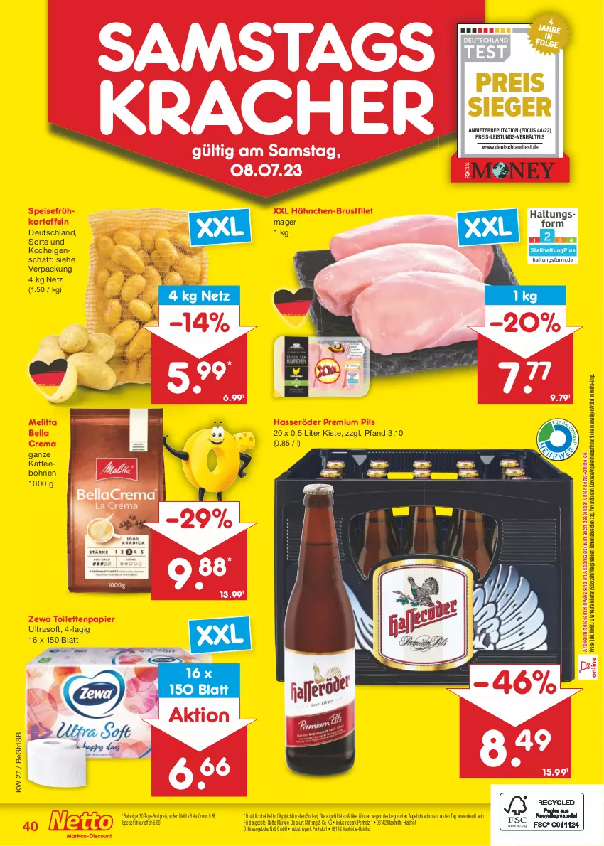 Aktueller Prospekt Netto Marken-Discount - Filial-Angebote - von 03.07 bis 08.07.2023 - strona 40 - produkty: angebot, angebote, bella crema, bestpreis, bohne, bohnen, brustfilet, discount, eis, filet, Frühkartoffeln, hähnchen-brustfilet, hasseröder, Holz, kaffee, kaffeebohnen, kartoffel, kartoffeln, kracher, marken-discount, melitta, ndk, papier, pils, premium pils, reis, speisefrühkartoffeln, Ti, toilettenpapier, zewa, ZTE