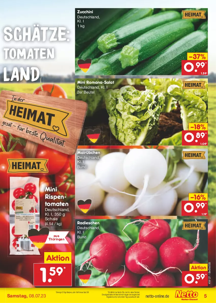 Aktueller Prospekt Netto Marken-Discount - Filial-Angebote - von 03.07 bis 08.07.2023 - strona 5 - produkty: angebot, bestpreis, beutel, eis, radieschen, reis, ring, rispentomaten, salat, Schal, Schale, Ti, tomate, tomaten, ZTE, zucchini