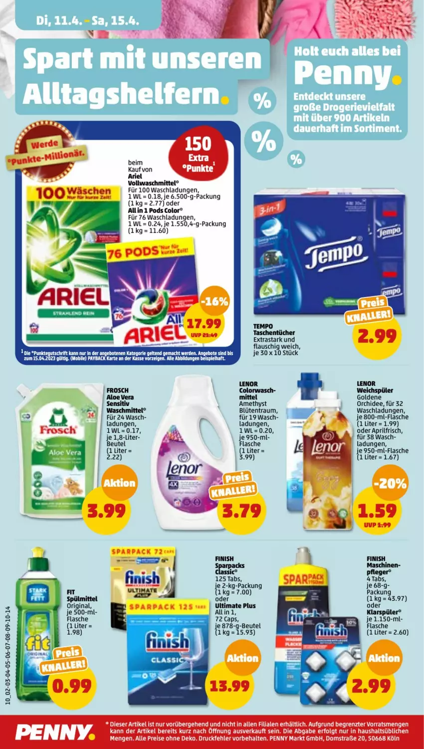 Aktueller Prospekt Penny - Prospekte - von 10.04 bis 15.04.2023 - strona 10 - produkty: aloe vera, ariel, beutel, Blüte, Cap, eis, flasche, Frosch, gin, HP, klarspüler, lenor, LG, orchidee, Pods, pril, reis, spülmittel, Tasche, taschen, taschentücher, Tempo, Ti, tücher, vollwaschmittel, waschmittel, weichspüler, ZTE