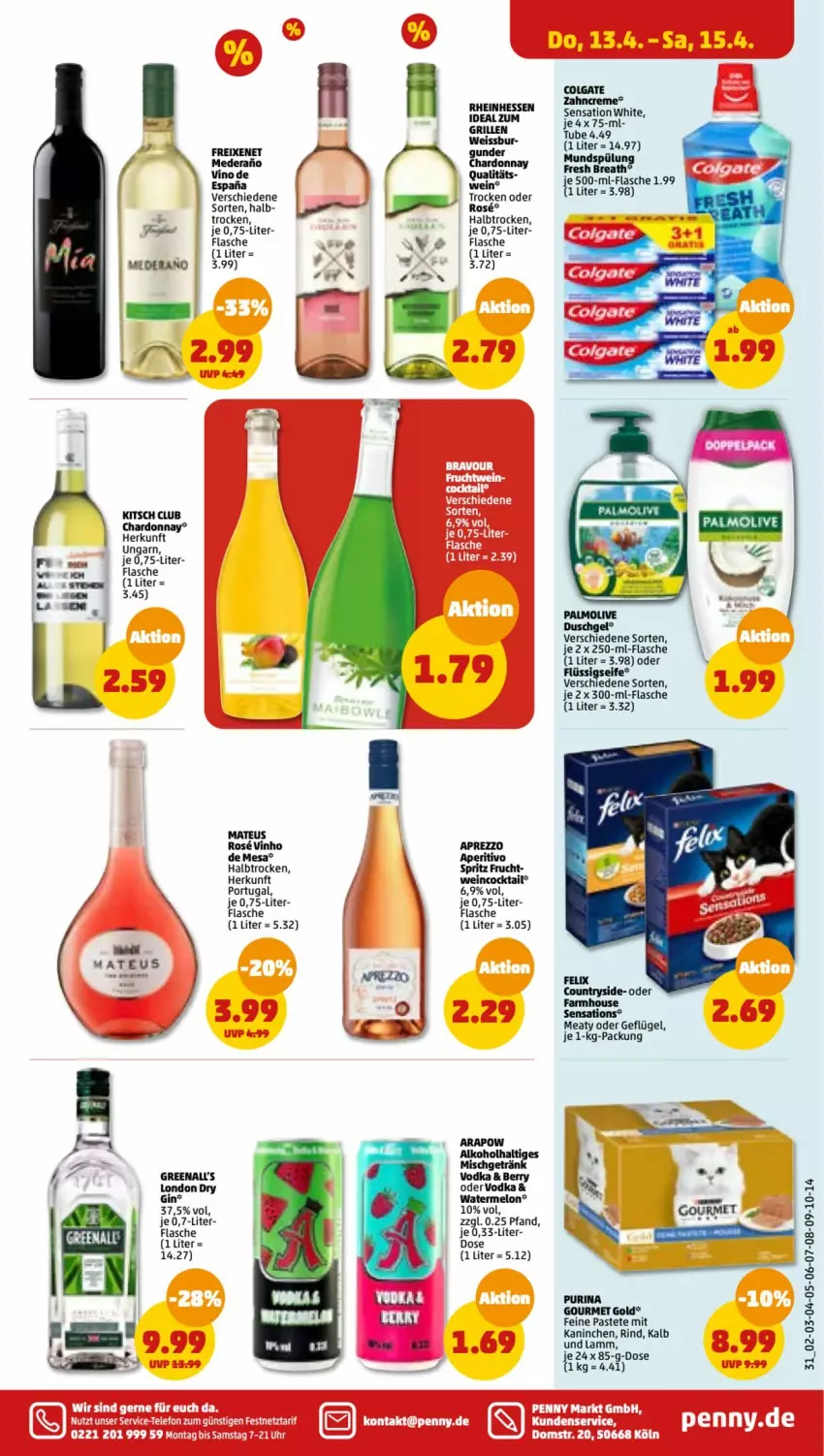 Aktueller Prospekt Penny - Prospekte - von 10.04 bis 15.04.2023 - strona 31 - produkty: alkohol, chardonnay, cocktail, colgate, creme, dry gin, duschgel, eis, flasche, flüssigseife, freixenet, frucht, Geflügel, gin, gourmet gold, grill, ideal zum grillen, lamm, LG, london dry, london dry gin, mateus, olive, palmolive, pastete, purina, rind, Seife, sensations, Ti, vodka, wein, zahncreme