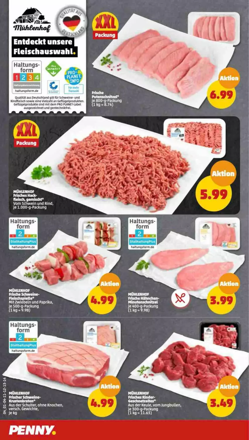 Aktueller Prospekt Penny - Prospekte - von 10.04 bis 15.04.2023 - strona 4 - produkty: eis, ente, fleisch, Fleischspieße, Frische Hähnchen, Geflügel, geflügelprodukte sind mit dem, geschnetzeltes, jungbullen, minutenschnitzel, mit zwiebeln, paprika, rind, rinder, rindfleisch, schnitzel, schwein, schweine, tee, Ti, wein, weine, Zelt, zwiebel, zwiebeln