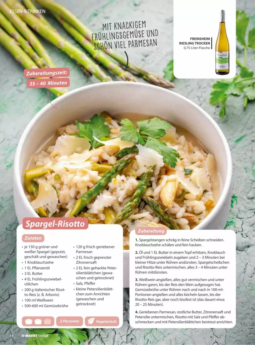 Aktueller Prospekt Vmarkt - Prospekte - von 18.03 bis 01.04.2026 - strona 14 - produkty: Anrichte, auer, Brühe, butter, eis, flasche, Gemüsebrühe, knoblauch, leine, petersilie, pfeffer, pflanze, pflanzen, Pflanzenöl, reis, riesling, risotto, saft, salz, spargel, Ti, topf, wein, Weißwein, zitrone, zitronen, zitronensaft, zwiebel, zwiebeln
