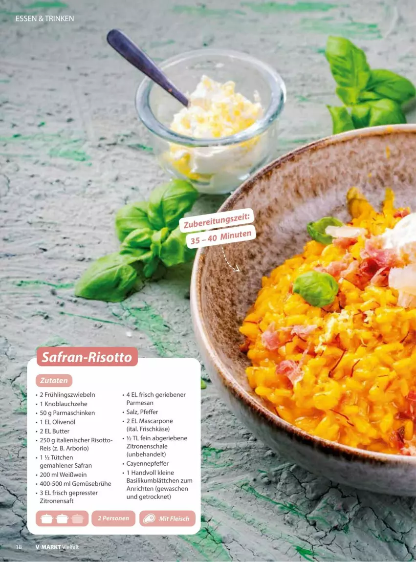 Aktueller Prospekt Vmarkt - Prospekte - von 18.03 bis 01.04.2026 - strona 18 - produkty: Anrichte, basilikum, Brühe, butter, eis, frischkäse, Gemüsebrühe, Käse, knoblauch, leine, mascarpone, olive, oliven, olivenöl, parmaschinken, pfeffer, reis, risotto, Safran, saft, salz, Schal, Schale, schinken, wein, Weißwein, zitrone, zitronen, zitronensaft, zwiebel, zwiebeln