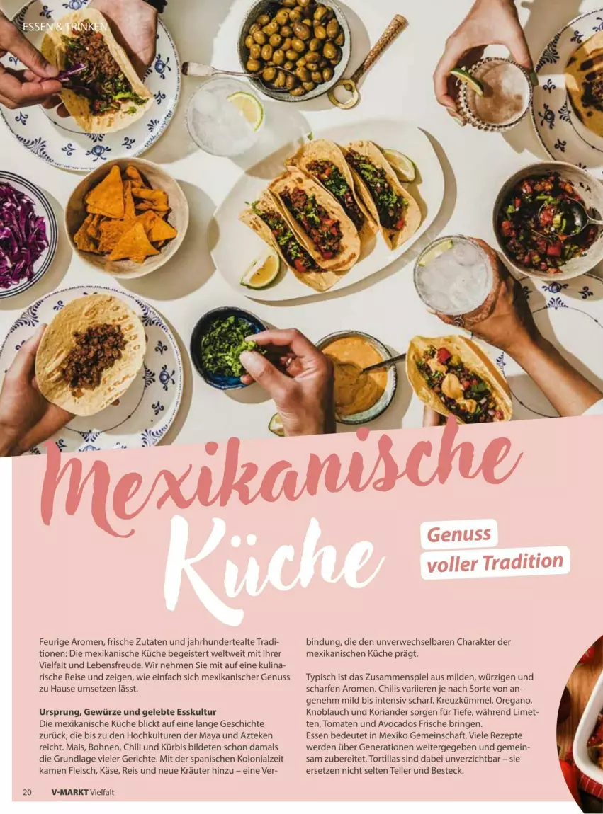 Aktueller Prospekt Vmarkt - Prospekte - von 18.03 bis 01.04.2026 - strona 20 - produkty: avocado, avocados, besteck, bohne, bohnen, chili, eis, elle, erde, fleisch, gewürz, Käse, knoblauch, Koriander, kräuter, küche, Kürbis, mais, nuss, reis, rezept, rezepte, Ria, ring, rwe, teller, Ti, tomate, tomaten, tortilla, tortillas, ZTE