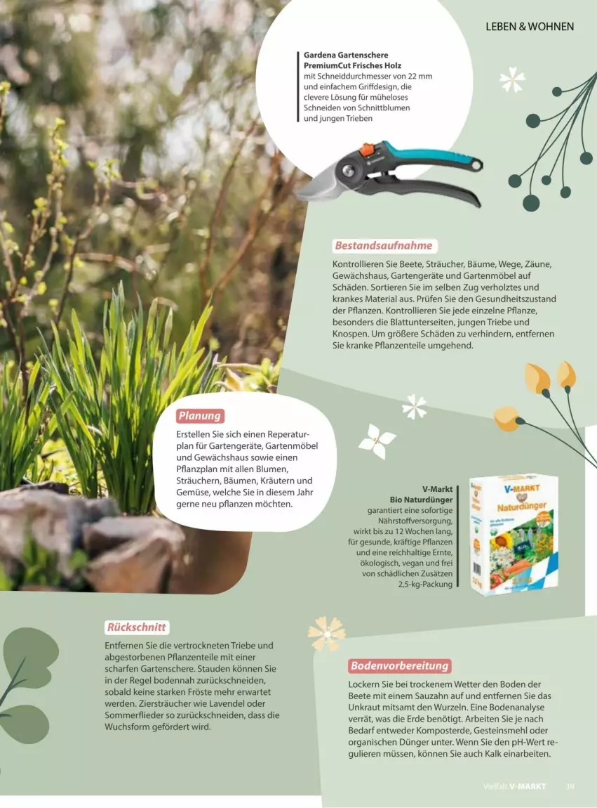 Aktueller Prospekt Vmarkt - Prospekte - von 18.03 bis 01.04.2026 - strona 39 - produkty: bio, blume, blumen, dünger, elle, ente, erde, flieder, gardena, Garten, gartenmöbel, Gartenschere, Gesundheit, Gewächshaus, Holz, Komposter, Kraut, kräuter, kräutern, lavendel, mehl, messer, möbel, natur, pflanze, pflanzen, Ria, Schere, stauden, Ti, Tiere, trolli, und gemüse, ZTE