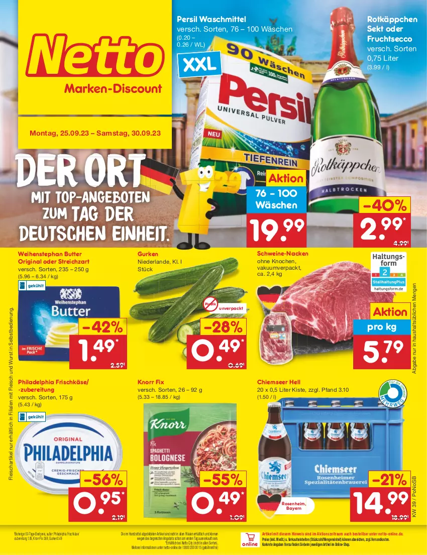 Aktueller Prospekt Netto Marken-Discount - Filial-Angebote - von 25.09 bis 30.09.2023 - strona 1 - produkty: angebot, angebote, asti, bestpreis, butter, ecco, eis, fleisch, frischkäse, frucht, fruchtsecco, gin, gurke, gurken, Käse, knorr, knorr fix, ndk, persil, persil waschmittel, philadelphia, reis, rosen, rotkäppchen, schwein, schweine, sekt, Streichzart, Ti, top-angebot, waschmittel, weihenstephan, wein, weine, wurst, wurst in selbstbedienung, ZTE