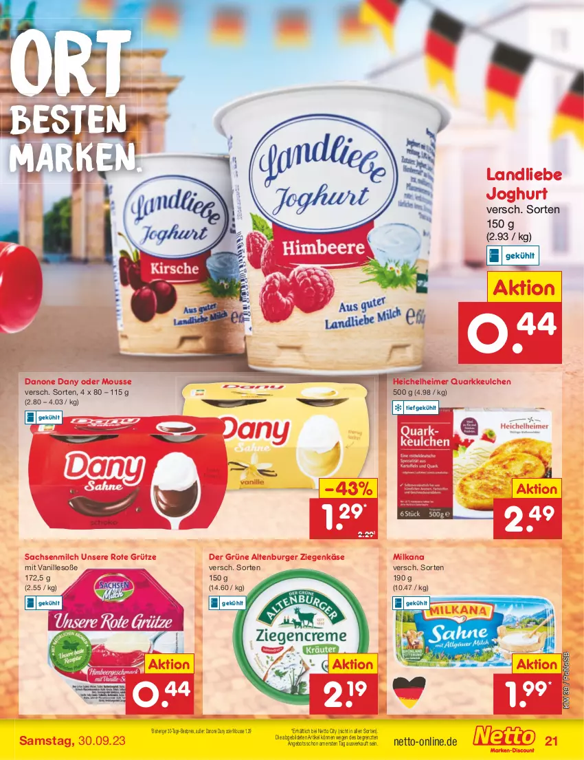 Aktueller Prospekt Netto Marken-Discount - Filial-Angebote - von 25.09 bis 30.09.2023 - strona 21 - produkty: altenburger, angebot, bestpreis, burger, danone, Dany, eimer, eis, grütze, joghur, joghurt, Käse, landliebe, landliebe joghurt, milch, milka, milkana, mousse, quark, reis, Rote Grütze, sac, Soße, Ti, vanille, ziegenkäse, ZTE