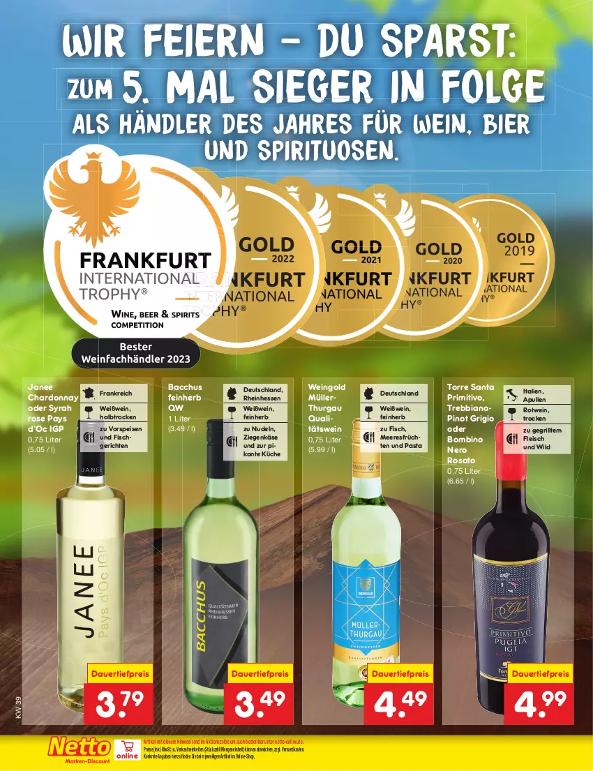 Aktueller Prospekt Netto Marken-Discount - Filial-Angebote - von 25.09 bis 30.09.2023 - strona 22 - produkty: ACC, auer, bier, chardonnay, dauertiefpreis, eier, eis, fisch, fleisch, früchte, früchten, grill, Käse, küche, LG, meeresfrüchte, Müller, ndk, nero, nudel, nudeln, pasta, Pinot, pinot grigio, primitivo, qualitätswein, reis, rosato, rotwein, spirituosen, Ti, tiefpreis, vorspeise, wein, Weißwein, Wild, ziegenkäse