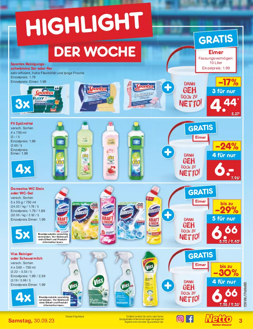 Aktueller Prospekt Netto Marken-Discount - Filial-Angebote - von 25.09 bis 30.09.2023 - strona 3 - produkty: angebot, bestpreis, bio, biozidprodukte, domestos, eimer, eis, Heu, milch, Rauch, reiniger, Reinigung, reis, rwe, scheuermilch, spontex, spülmittel, Ti, wc-gel, ZTE