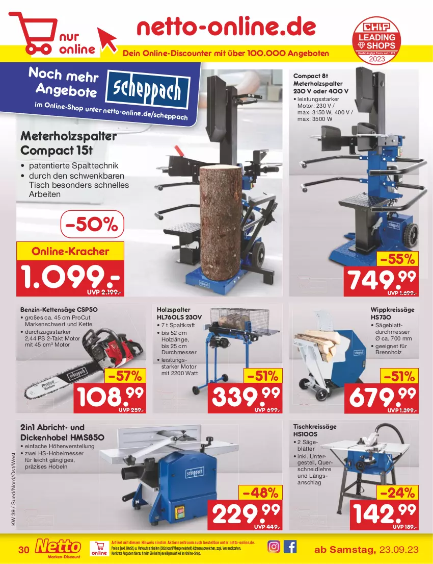 Aktueller Prospekt Netto Marken-Discount - Filial-Angebote - von 25.09 bis 30.09.2023 - strona 32 - produkty: angebot, angebote, Brennholz, discount, eis, elle, Holz, Holzspalter, Kette, kracher, kraft, messer, ndk, reis, reiss, säge, Ti, tisch, Tischkreissäge