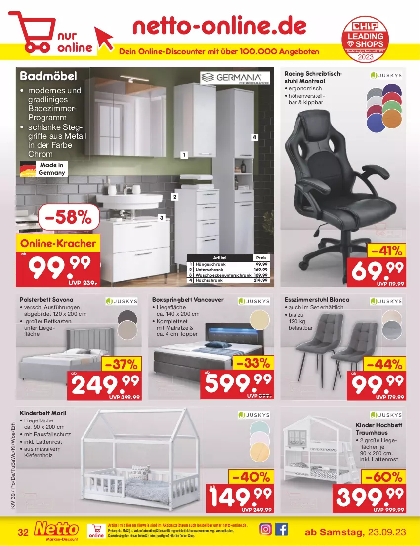 Aktueller Prospekt Netto Marken-Discount - Filial-Angebote - von 25.09 bis 30.09.2023 - strona 34 - produkty: angebot, angebote, Bad, Badmöbel, Beckenunterschrank, bett, bettkasten, boxspringbett, cin, discount, eis, Esszimmer, Germ, hängeschrank, hochbett, hochschrank, Holz, Kinder, Kinderbett, kracher, latte, lattenrost, Liege, matratze, möbel, Mode, ndk, polsterbett, reis, ring, Schrank, schreibtisch, stuhl, Ti, tisch, topper, unterschrank, waschbecken, waschbeckenunterschrank