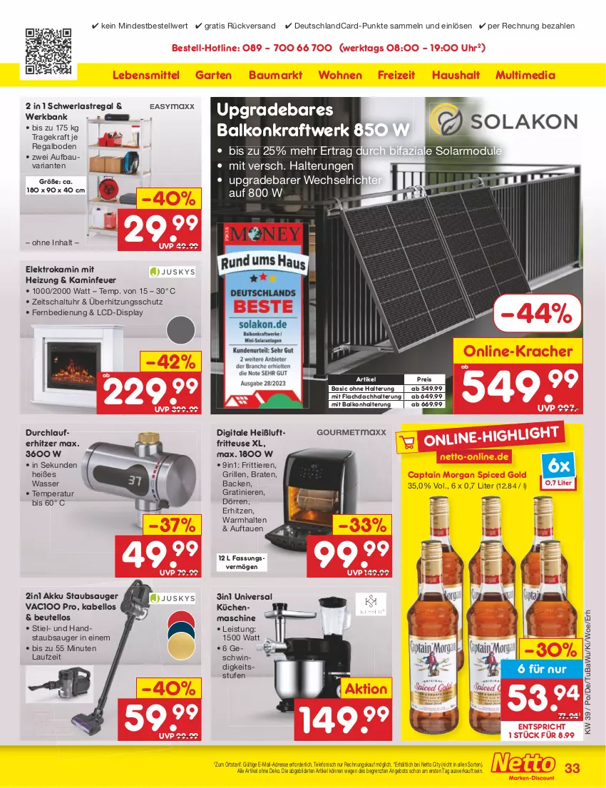 Aktueller Prospekt Netto Marken-Discount - Filial-Angebote - von 25.09 bis 30.09.2023 - strona 35 - produkty: akku, angebot, Bank, Bau, beutel, braten, Cap, captain morgan, deutschlandcard, eis, Elektro, fernbedienung, fritteuse, Garten, grill, handstaubsauger, Heißluftfritteuse, Kamin, kracher, kraft, küche, Küchen, küchenmaschine, lebensmittel, regal, reis, Ria, Schal, schwerlastregal, staubsauger, telefon, Ti, Tiere, überhitzungsschutz, uhr, wasser, ZTE