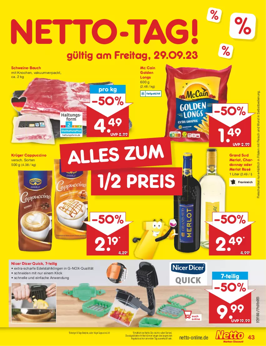 Aktueller Prospekt Netto Marken-Discount - Filial-Angebote - von 25.09 bis 30.09.2023 - strona 45 - produkty: angebot, Bau, bestpreis, Cap, cappuccino, chardonnay, cin, edelstahl, eis, elle, fleisch, Golden Longs, grand sud, krüger, mc cain, merl, merlot, reis, schwein, schweine, schweine-bauch, Ti, wein, weine, wurst, wurst in selbstbedienung, ZTE