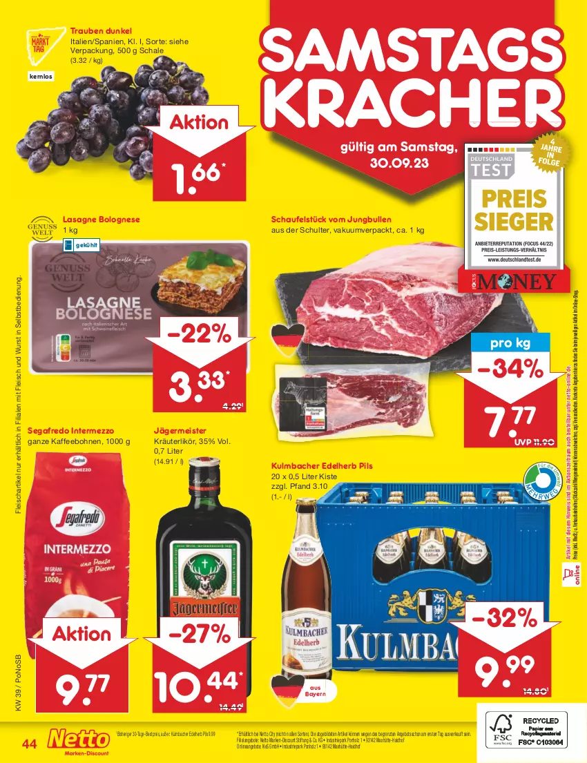 Aktueller Prospekt Netto Marken-Discount - Filial-Angebote - von 25.09 bis 30.09.2023 - strona 46 - produkty: angebot, angebote, bestpreis, bohne, bohnen, bolognese, discount, eis, fleisch, Germ, Holz, intermezzo, jägermeister, jungbullen, kaffee, kaffeebohnen, kracher, kräuter, kräuterlikör, lasagne, likör, marken-discount, Meister, ndk, pils, reis, Schal, Schale, Segafredo, Ti, trauben, wurst, wurst in selbstbedienung, ZTE