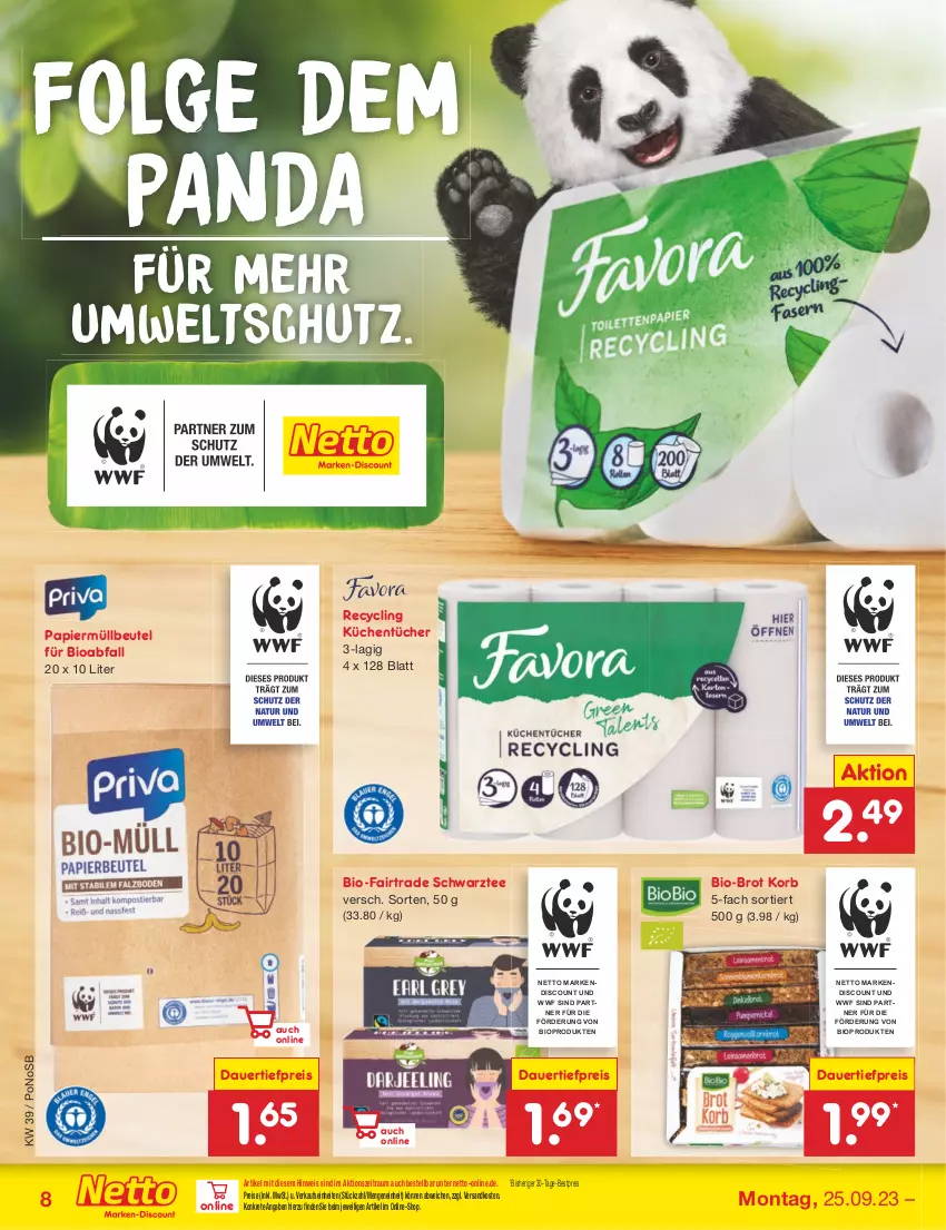 Aktueller Prospekt Netto Marken-Discount - Filial-Angebote - von 25.09 bis 30.09.2023 - strona 8 - produkty: auer, bestpreis, beutel, bio, brot, Clin, dauertiefpreis, eis, korb, küche, Küchen, küchentücher, LG, müllbeutel, ndk, papier, reis, tee, Ti, tiefpreis, tücher, ZTE