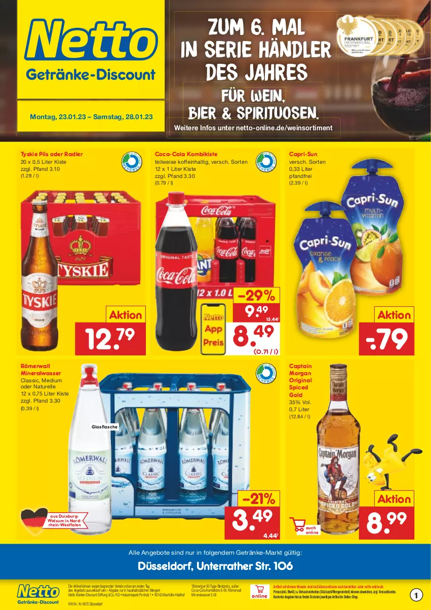 Aktueller Prospekt Netto Marken-Discount - Getränkemarkt in deiner Nähe - von 15.03.2021 bis 28.01.2023 - strona 1 - produkty: Alwa, angebot, angebote, bestpreis, bier, Cap, capri-sun, captain morgan, coca-cola, cola, discount, eis, elle, flasche, getränk, getränke, gin, glasflasche, Holz, LG, marken-discount, mineralwasser, natur, ndk, oder radler, original spiced gold, pils, radler, reis, rel, spirituosen, Ti, tyskie, wasser, wein, ZTE