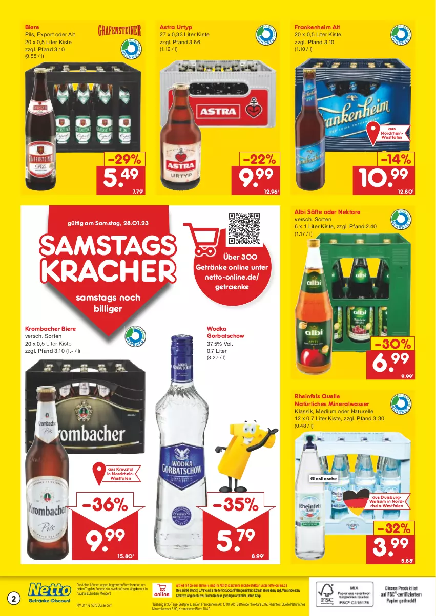 Aktueller Prospekt Netto Marken-Discount - Getränkemarkt in deiner Nähe - von 15.03.2021 bis 28.01.2023 - strona 2 - produkty: Alwa, angebot, Astra, bestpreis, bier, Biere, eis, elle, flasche, getränk, getränke, glasflasche, Gorbatschow, kracher, krombache, krombacher, mineralwasser, natur, natürliches mineralwasser, ndk, Nektar, pils, reis, rel, rheinfels quelle, säfte, Ti, urtyp, wasser, wodka, ZTE