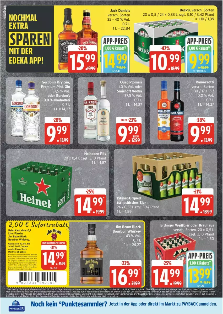 Aktueller Prospekt Edeka - Prospekte - von 09.06 bis 14.06.2025 - strona 18 - produkty: beck's, bier, bourbon, bourbon whiskey, coupon, deka, eis, erdinger, jack daniel, jack daniels, jim beam, lack, reis, smirnoff, vodka, whiskey