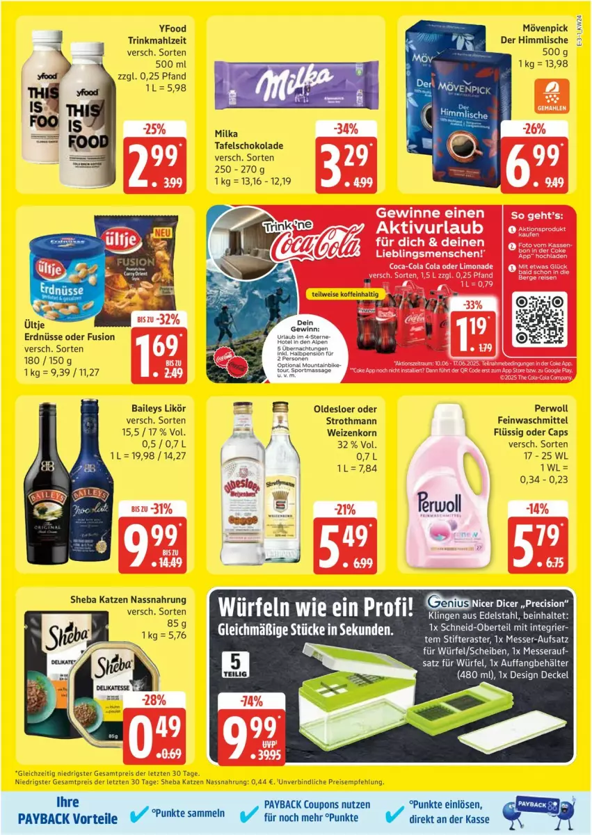Aktueller Prospekt Edeka - Prospekte - von 09.06 bis 14.06.2025 - strona 3 - produkty: baileys, Behälter, Cap, coupon, coupons, edelstahl, eis, erdnüsse, feinwaschmittel, korn, likör, messer, milka, Mountainbike, mövenpick, Nassnahrung, oldesloer, payback, perwoll, reis, schoko, schokolade, sheba, Sport, stifte, tafelschokolade, Ti, ültje, ültje erdnüsse, waschmittel, weizenkorn, würfel, ZTE