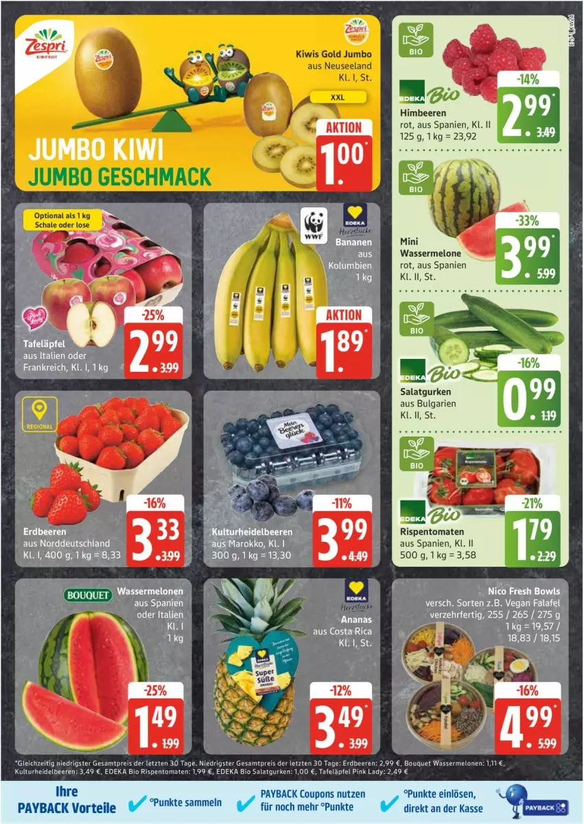 Aktueller Prospekt Edeka - Prospekte - von 09.06 bis 14.06.2025 - strona 5 - produkty: ACC, banane, bananen, beere, beeren, bio, coupon, coupons, deka, edeka bio, eis, Elan, ente, erdbeere, erdbeeren, Falafel, gurke, gurken, heidelbeere, heidelbeeren, himbeer, himbeere, himbeeren, jumbo, kiwi, LG, melone, melonen, payback, Pink Lady, reis, rispentomaten, salat, Salatgurke, salatgurken, Schal, Schale, tafeläpfel, Ti, tomate, tomaten, wasser, wassermelone, wassermelonen, ZTE