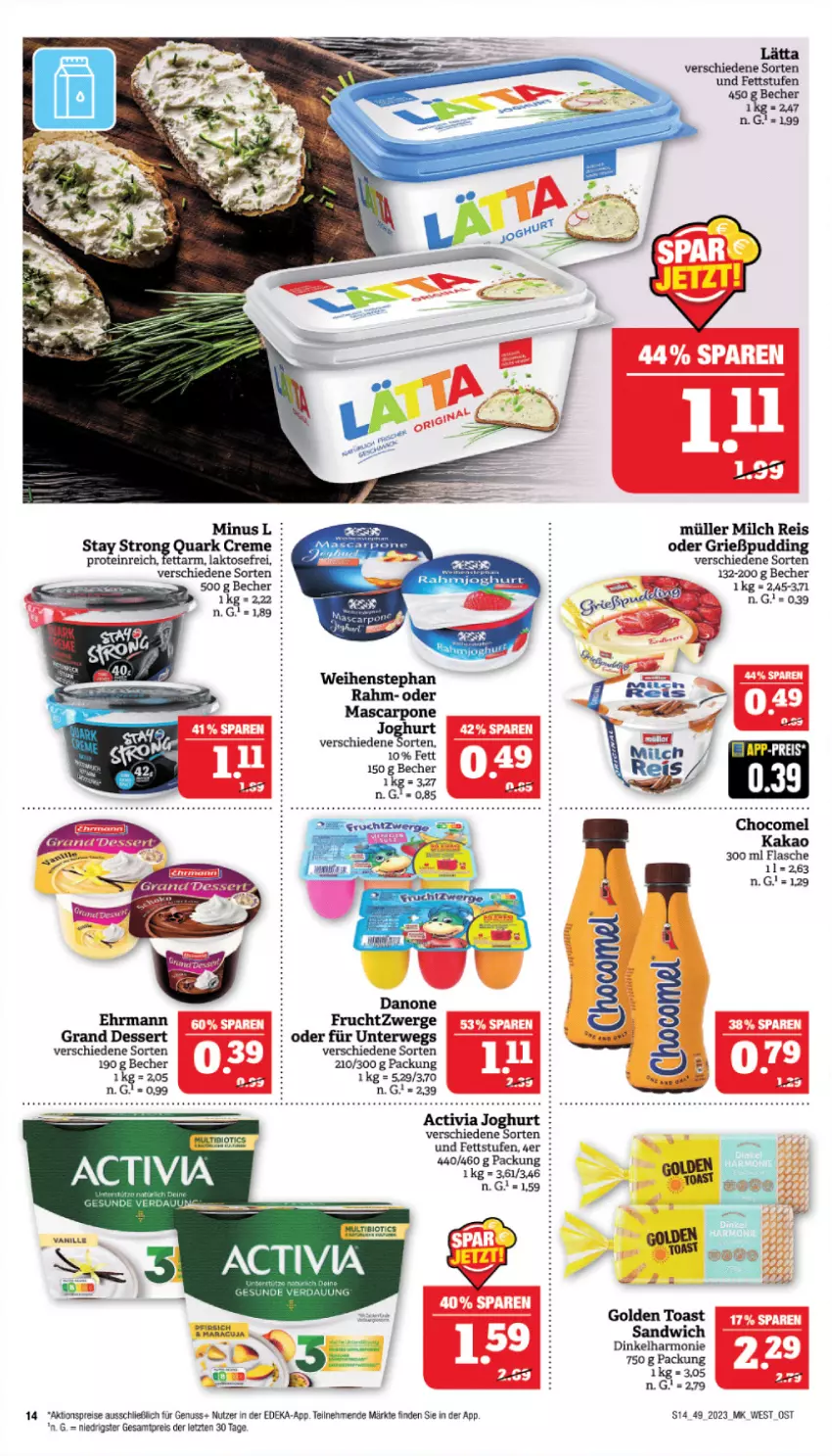 Aktueller Prospekt Marktkauf - Prospekt - von 03.12 bis 09.12.2023 - strona 14 - produkty: activia, activia joghurt, aktionspreis, Becher, creme, danone, deka, dessert, ehrmann, eis, flasche, frucht, fruchtzwerge, golden toast, joghur, joghurt, kakao, lätta, nuss, quark, reis, rwe, sandwich, Ti, toast, Yo, ZTE