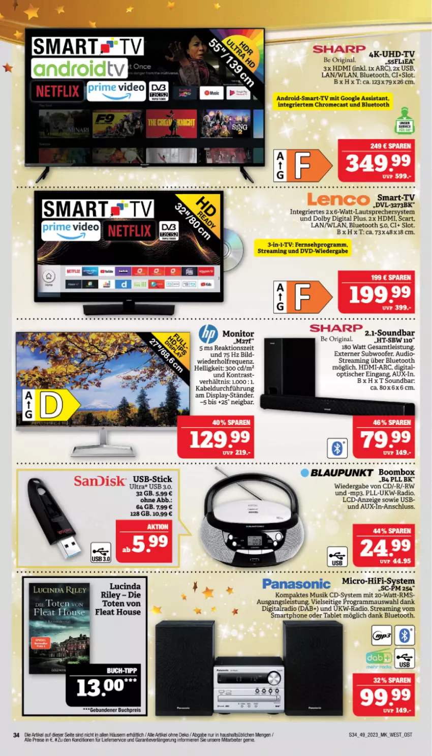 Aktueller Prospekt Marktkauf - Prospekt - von 03.12 bis 09.12.2023 - strona 34 - produkty: blaupunkt, buch, cin, dvd, eis, gin, HDMI, HP, lautsprecher, lieferservice, Maus, Mp3, panasonic, Radio, reis, smartphone, soundbar, Subwoofer, tablet, Ti, tisch, usb