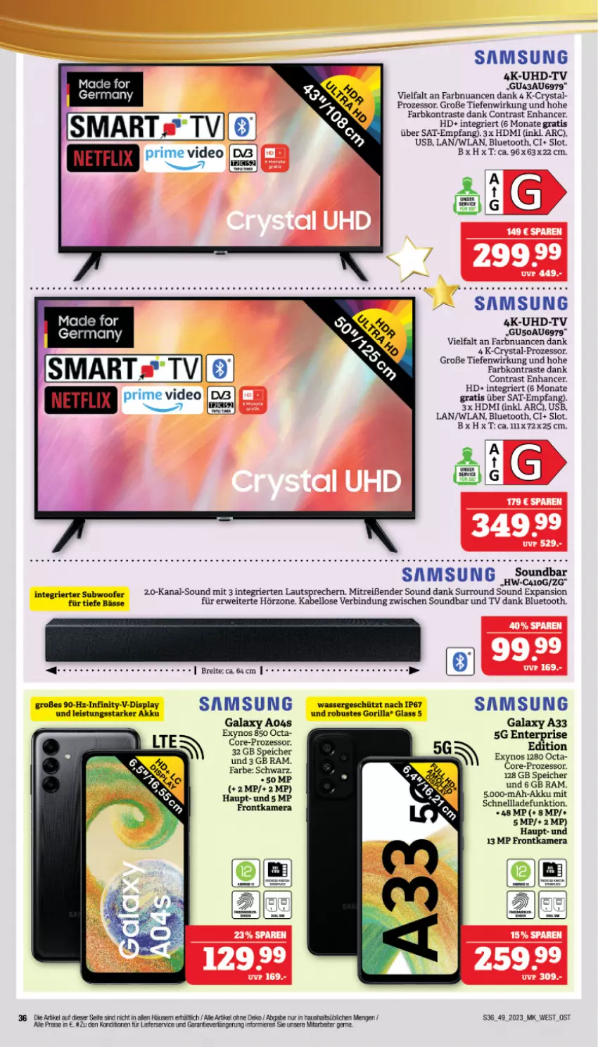 Aktueller Prospekt Marktkauf - Prospekt - von 03.12 bis 09.12.2023 - strona 36 - produkty: akku, deo, eis, ente, Germ, HDMI, lautsprecher, Nuance, reis, rwe, Samsung, soundbar, Subwoofer, Ti, uhd, UHD-TV, usb, wasser