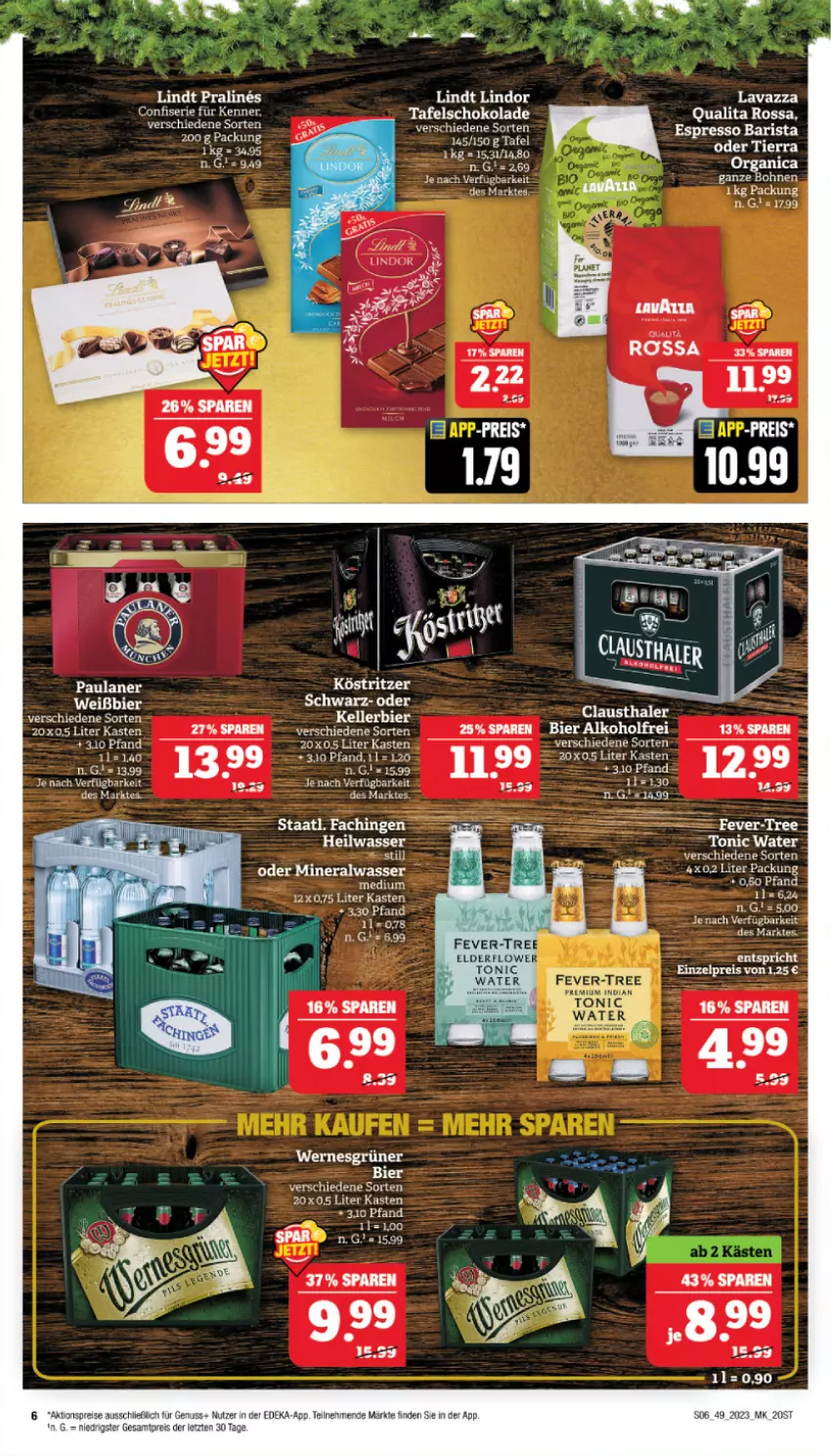 Aktueller Prospekt Marktkauf - Prospekt - von 03.12 bis 09.12.2023 - strona 6 - produkty: alkohol, Alwa, aust, bier, bohne, bohnen, clausthaler, deka, eis, espresso, lavazza, lindor, lindt, mineralwasser, Mineralwasser Medium, Paula, paulaner, reis, schoko, schokolade, Staatl. Fachingen, tafelschokolade, Ti, tonic, tonic water, wasser, ZTE