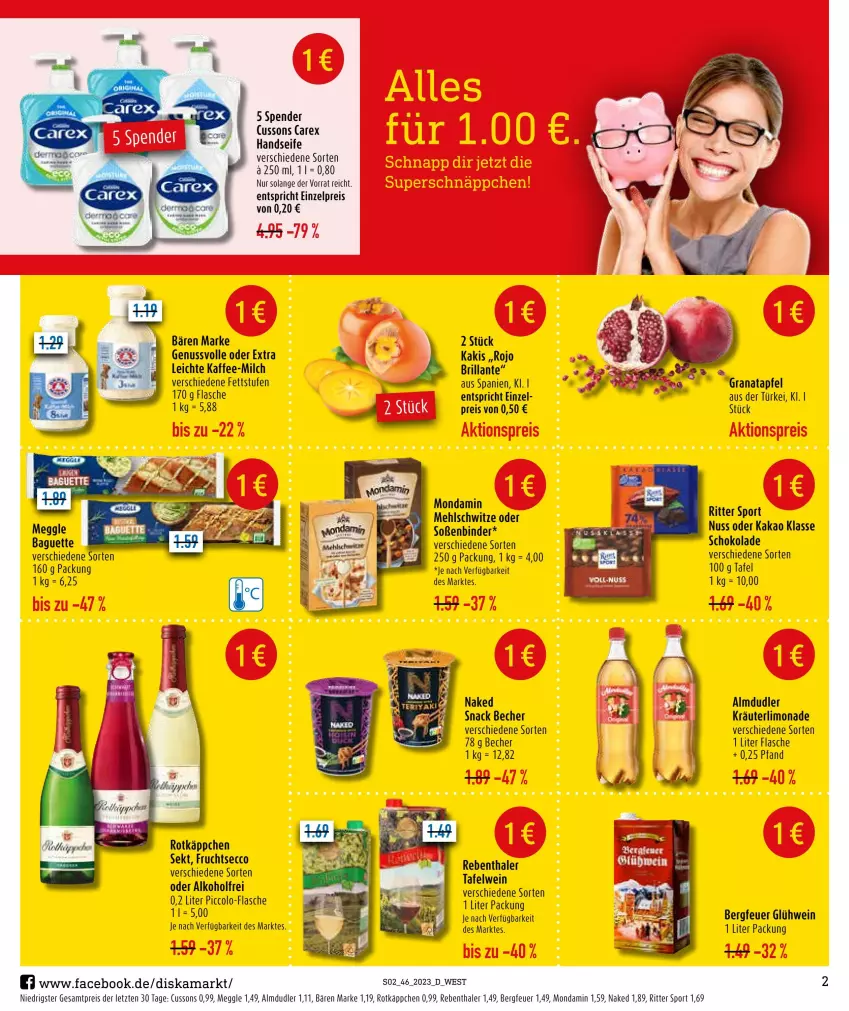 Aktueller Prospekt Diska - Prospekte - von 13.11 bis 18.11.2023 - strona 2 - produkty: alkohol, almdudler, apfel, baguette, bärenmarke, Becher, ecco, eis, flasche, frucht, fruchtsecco, Glühwein, grana, granatapfel, Handseife, kaffee, kakao, Kaki, kräuter, limo, limonade, meggle, mehl, milch, mondamin, nuss, Rana, reis, ritter, ritter sport, rotkäppchen, schoko, schokolade, Seife, sekt, snack, Soße, Sport, wein, ZTE