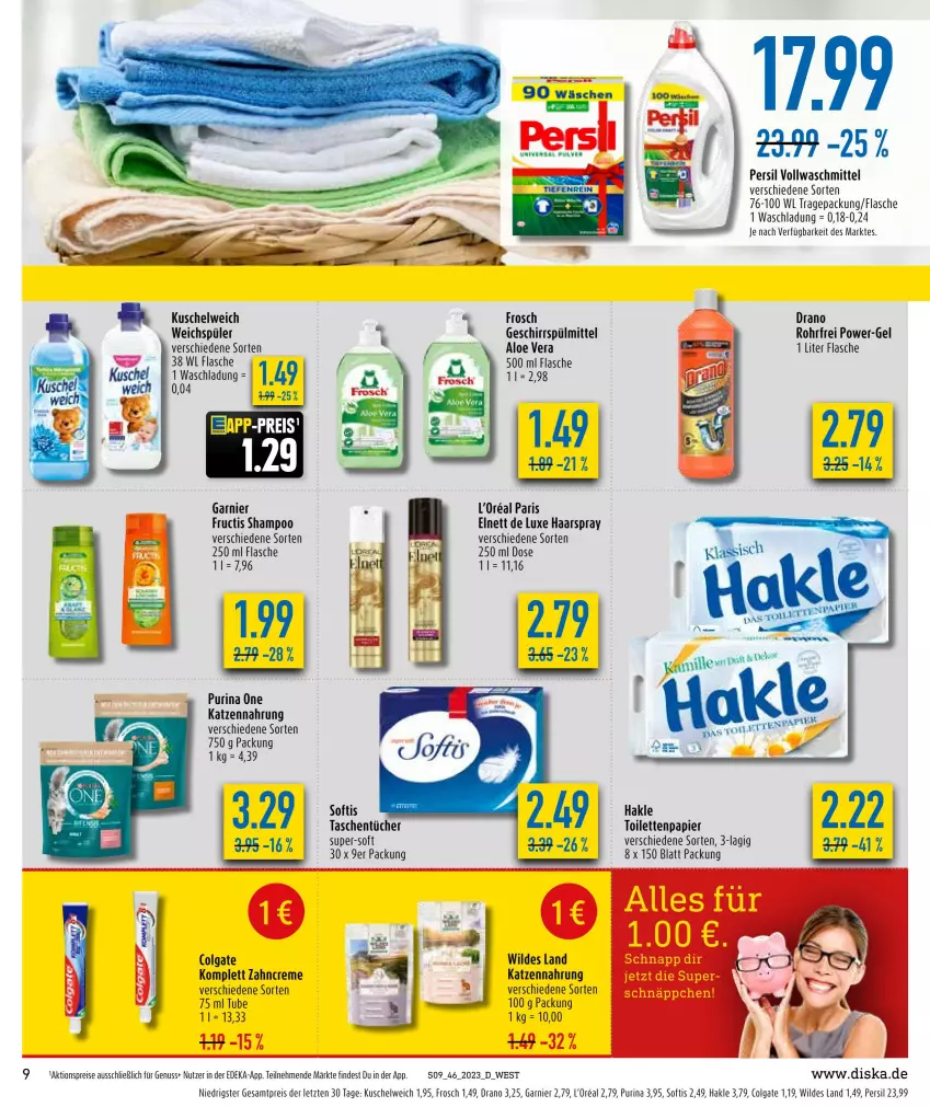 Aktueller Prospekt Diska - Prospekte - von 13.11 bis 18.11.2023 - strona 9 - produkty: aktionspreis, aloe vera, colgate, creme, deka, eis, elnett, flasche, Frosch, fructis, garnier, geschirr, geschirrspülmittel, haarspray, hakle, katzennahrung, Kuschelweich, l'oreal, LG, nuss, papier, persil, power-gel, purina, reis, shampoo, spülmittel, Tasche, taschen, taschentücher, Ti, toilettenpapier, tücher, vollwaschmittel, waschmittel, weichspüler, Wild, zahncreme, ZTE