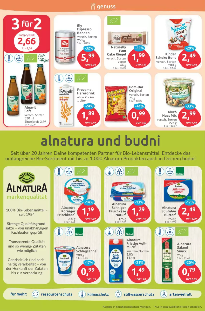 Aktueller Prospekt Budni - Prospekte - von 17.07 bis 22.07.2023 - strona 6 - produkty: bio, bohne, bohnen, butter, decke, drink, eis, ente, espresso, frischkäse, gin, hafer, Haferdrink, Käse, Kinder, Körniger Frischkäse, lebensmittel, milch, natur, natura, nuss, pom-bär, reis, riegel, saft, sahne, salami, schlagsahne, schoko, snack, Ti, wasser, zucker