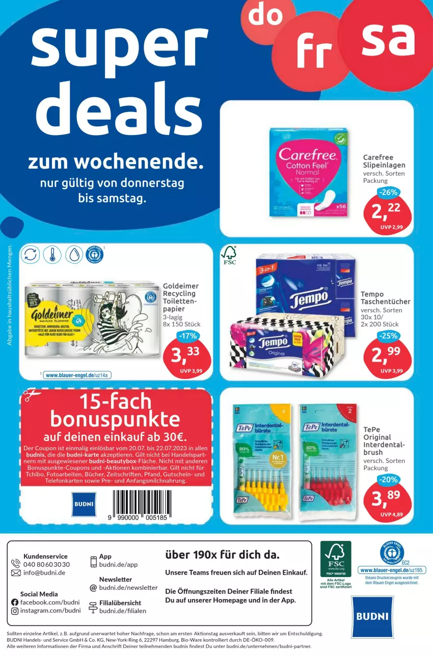 Aktueller Prospekt Budni - Prospekte - von 17.07 bis 22.07.2023 - strona 8 - produkty: auer, bio, carefree, Clin, coupon, coupons, drucker, eimer, Engel, gin, gutschein, kerze, milch, Omep, papier, ring, Tasche, taschen, taschentücher, Tchibo, telefon, Tempo, Ti, Tiere, trolli, tücher, Yo