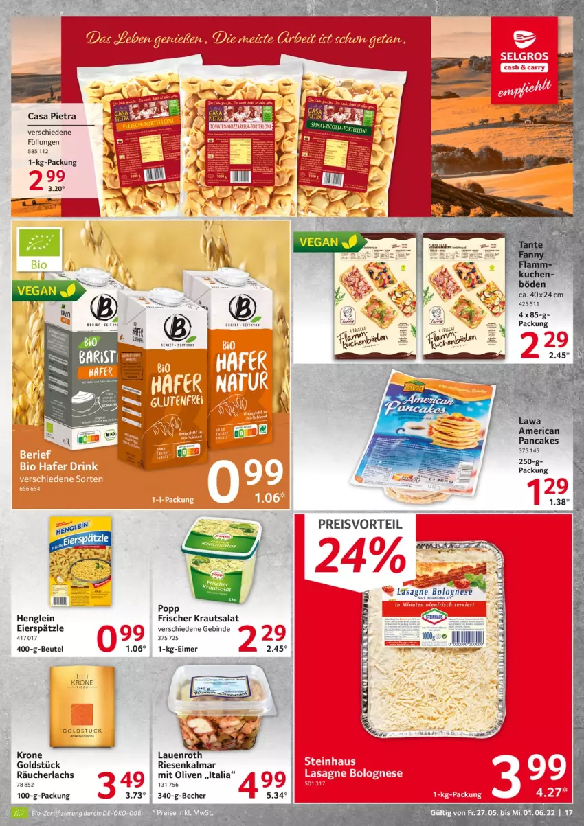 Aktueller Prospekt Selgros - Food - von 27.05 bis 01.06.2022 - strona 17 - produkty: Becher, beutel, bolognese, eier, eierspätzle, eimer, eis, henglein, Kraut, krautsalat, krone, lachs, olive, oliven, Popp, preisvorteil, Räucherlachs, reis, salat, Ti, tuc